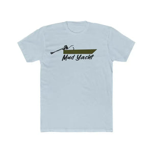 Light blue premium fit t-shirt with a dark green Mud Yacht boat graphic and outboard motor.
