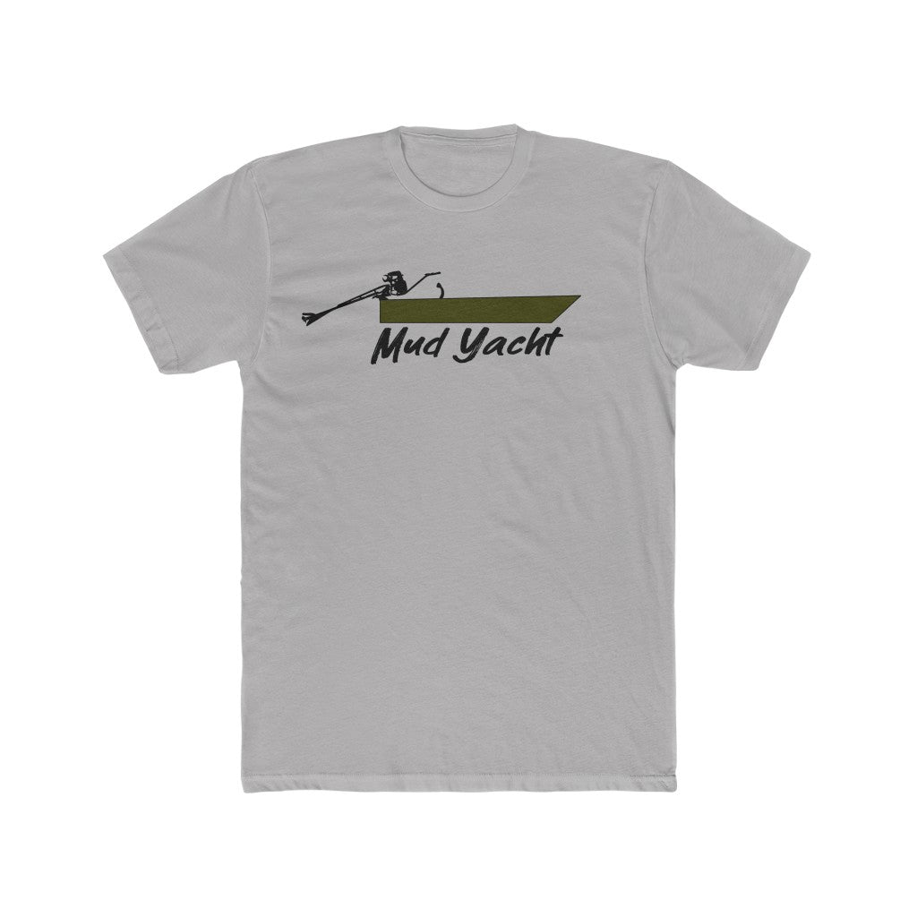 Light gray premium fitted short sleeve t-shirt with a green and black "Mud Yacht" boat graphic.