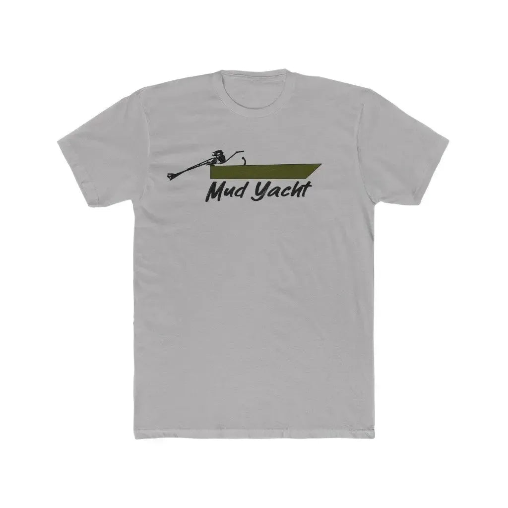 Light gray premium fitted short sleeve t-shirt with a green and black "Mud Yacht" boat graphic.