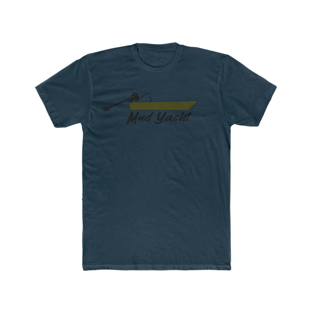 Navy blue premium fitted short sleeve t-shirt with a "Mud Yacht" boat graphic.