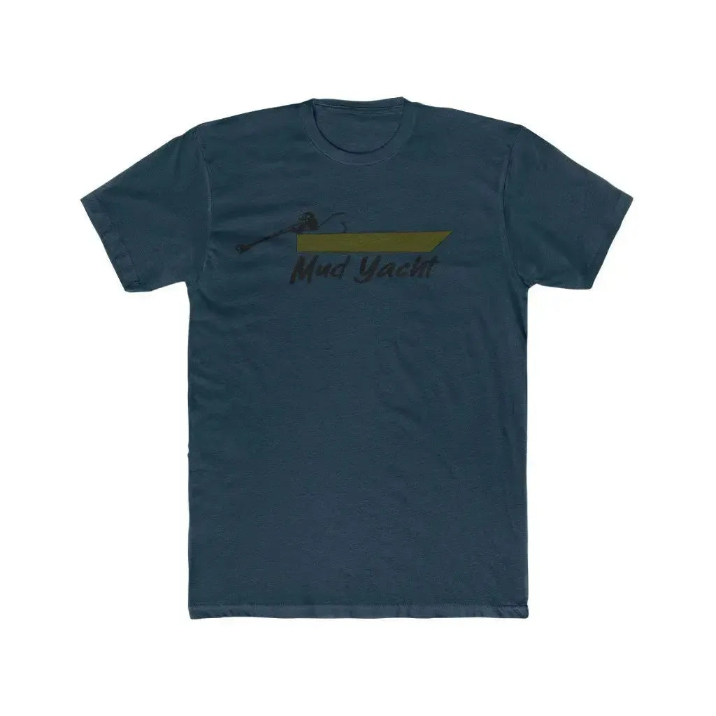 Navy blue premium fitted short sleeve t-shirt with a "Mud Yacht" boat graphic.