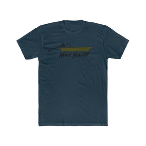Navy blue premium fitted short sleeve t-shirt with a "Mud Yacht" boat graphic.
