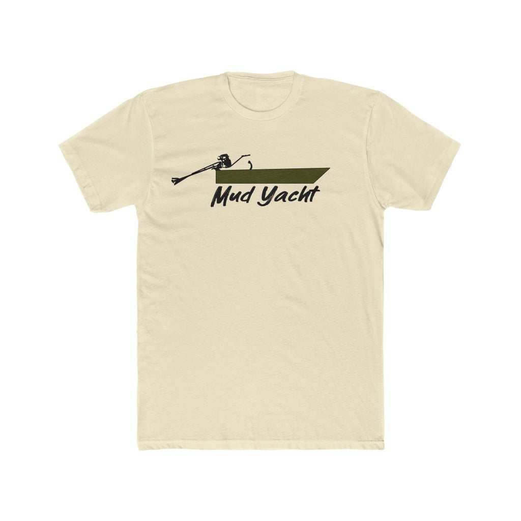 Light beige premium fit t-shirt with a dark green "Mud Yacht" boat graphic.