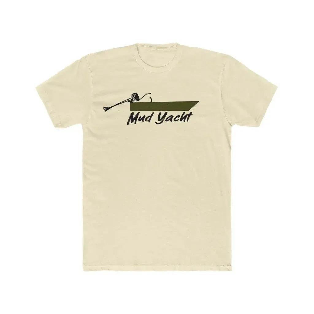 Light beige premium fit t-shirt with a dark green "Mud Yacht" boat graphic.