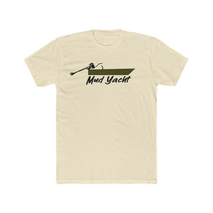 Light beige premium fit t-shirt with a dark green "Mud Yacht" boat graphic.