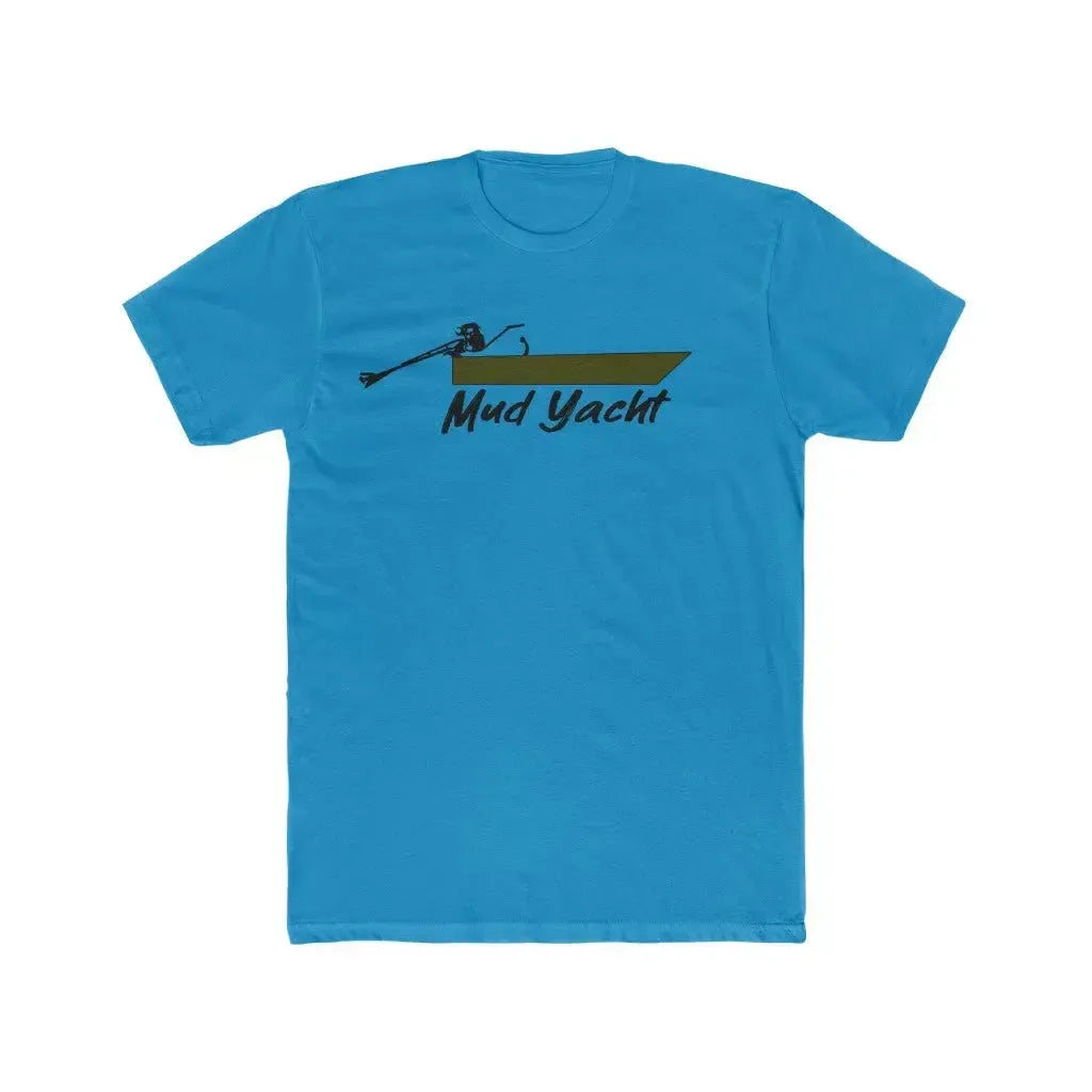 Blue premium fit short sleeve t-shirt with a "Mud Yacht" boat graphic.
