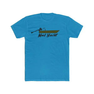 Blue premium fit short sleeve t-shirt with a "Mud Yacht" boat graphic.