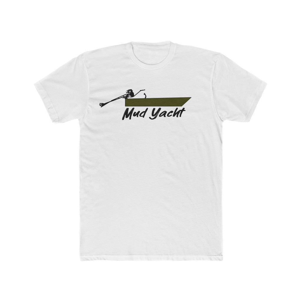 White premium fit t-shirt with a "Mud Yacht" graphic featuring a boat and outboard motor.