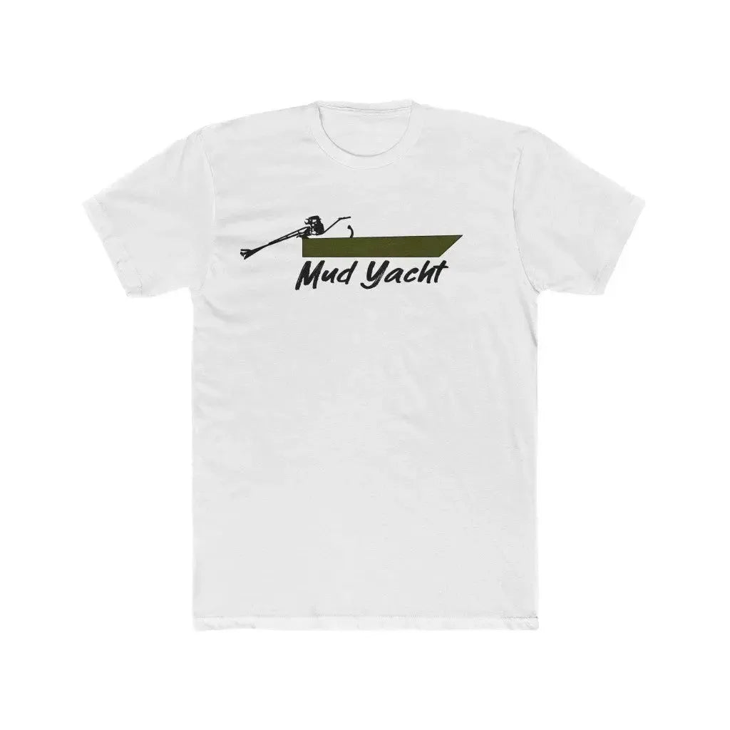 Light gray premium fitted short sleeve t-shirt with a green and black "Mud Yacht" boat graphic.