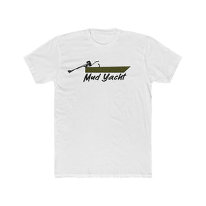 White premium fit t-shirt with a "Mud Yacht" graphic featuring a boat and outboard motor.