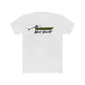 White premium fit t-shirt with a "Mud Yacht" graphic featuring a boat and outboard motor.