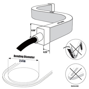 Diagram of a flexible neon flex LED strip, showing dimensions, side-view bending, and improper tight bends.