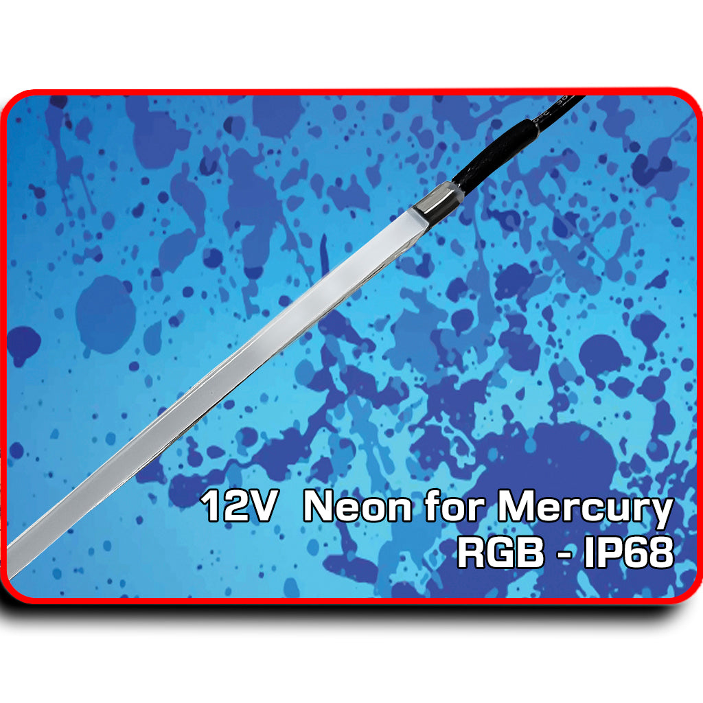 Silver 12V RGB LED Neon Flex strip for Mercury 450 outboard cowling, with black power wire.