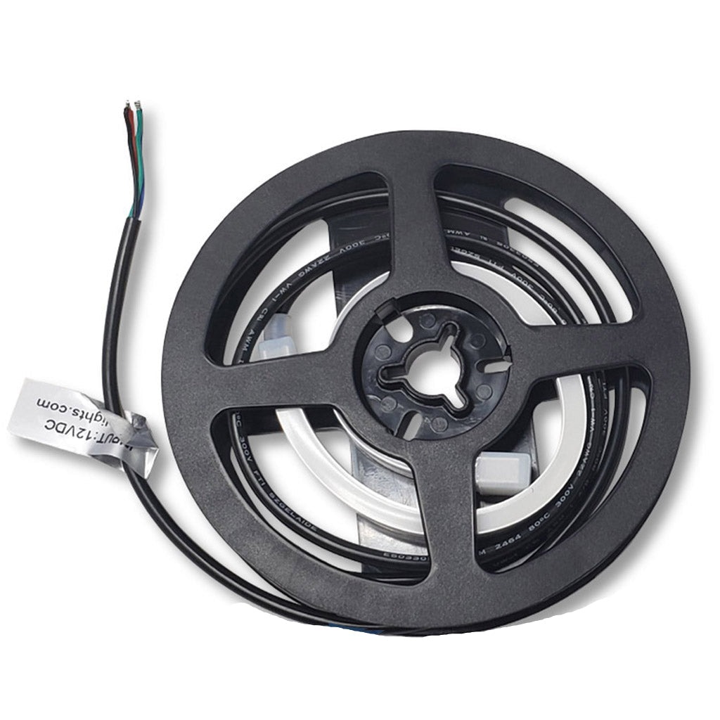 Black reel of flexible, clear 12V RGB LED neon flex strip with black insulated power wire.
