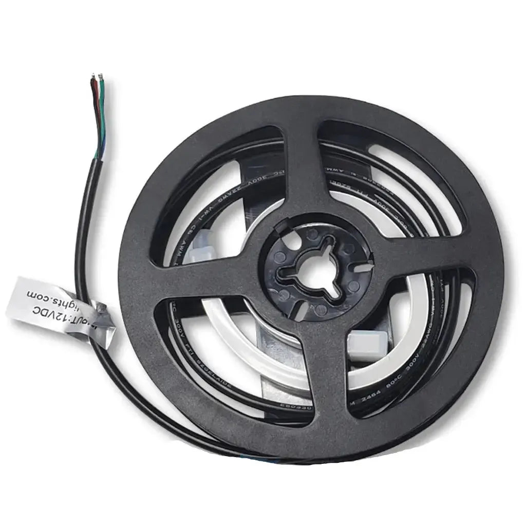 Black reel of flexible, clear 12V RGB LED neon flex strip with black insulated power wire.