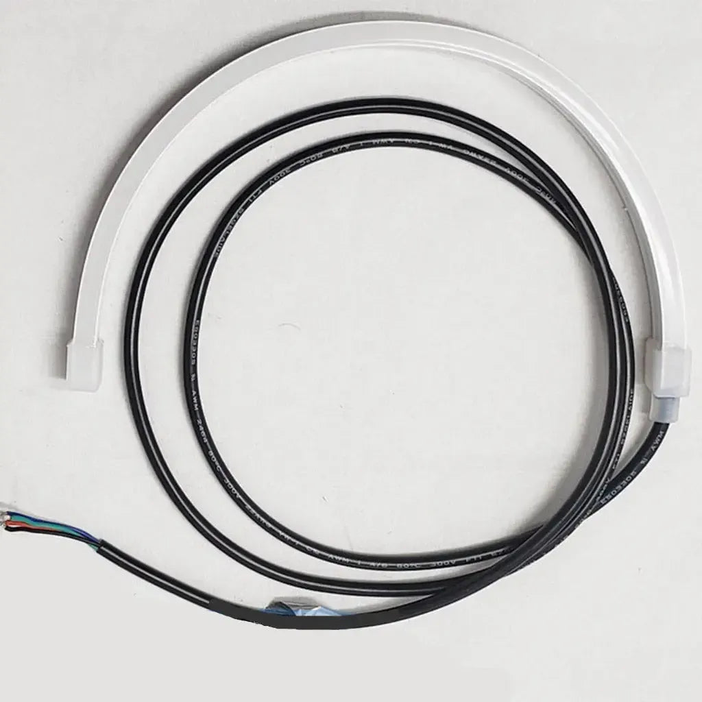 White curved neon flex LED strip with black power wire for Mercury 450 outboard cowling.