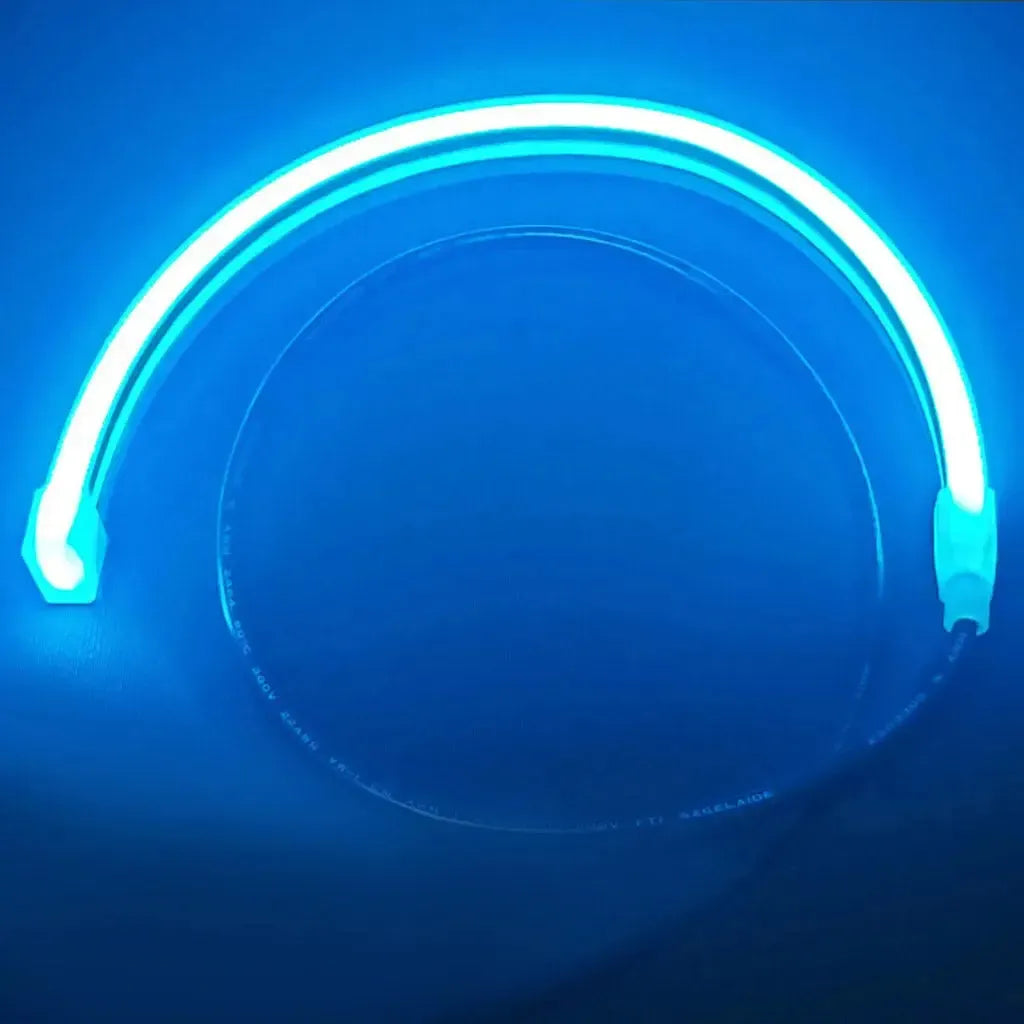 Curved blue neon flex 12V RGB LED strip for Mercury 450 outboard cowling, with black power wire.