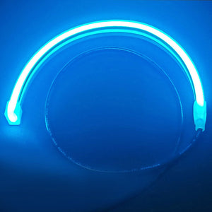 Curved blue neon flex 12V RGB LED strip for Mercury 450 outboard cowling, with black power wire.