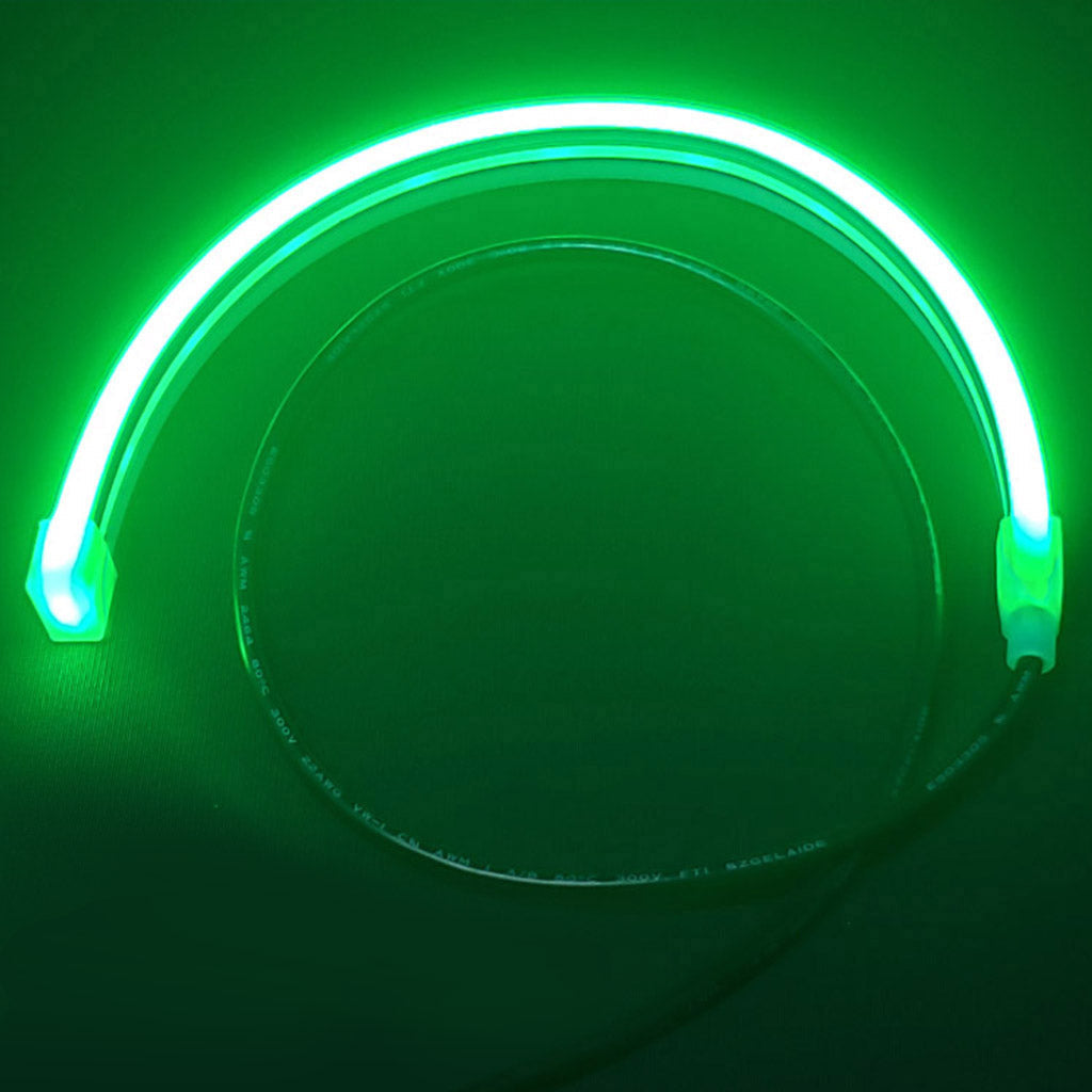 Green RGB LED Neon Flex strip, curved, with black power wire for Mercury 450 outboard cowling.