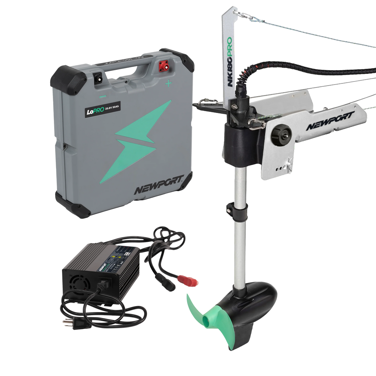 Newport NK180PRO electric kayak motor with a gray battery, charger, and green propeller.