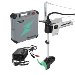 Newport NK180PRO electric kayak motor with a gray battery, charger, and green propeller.