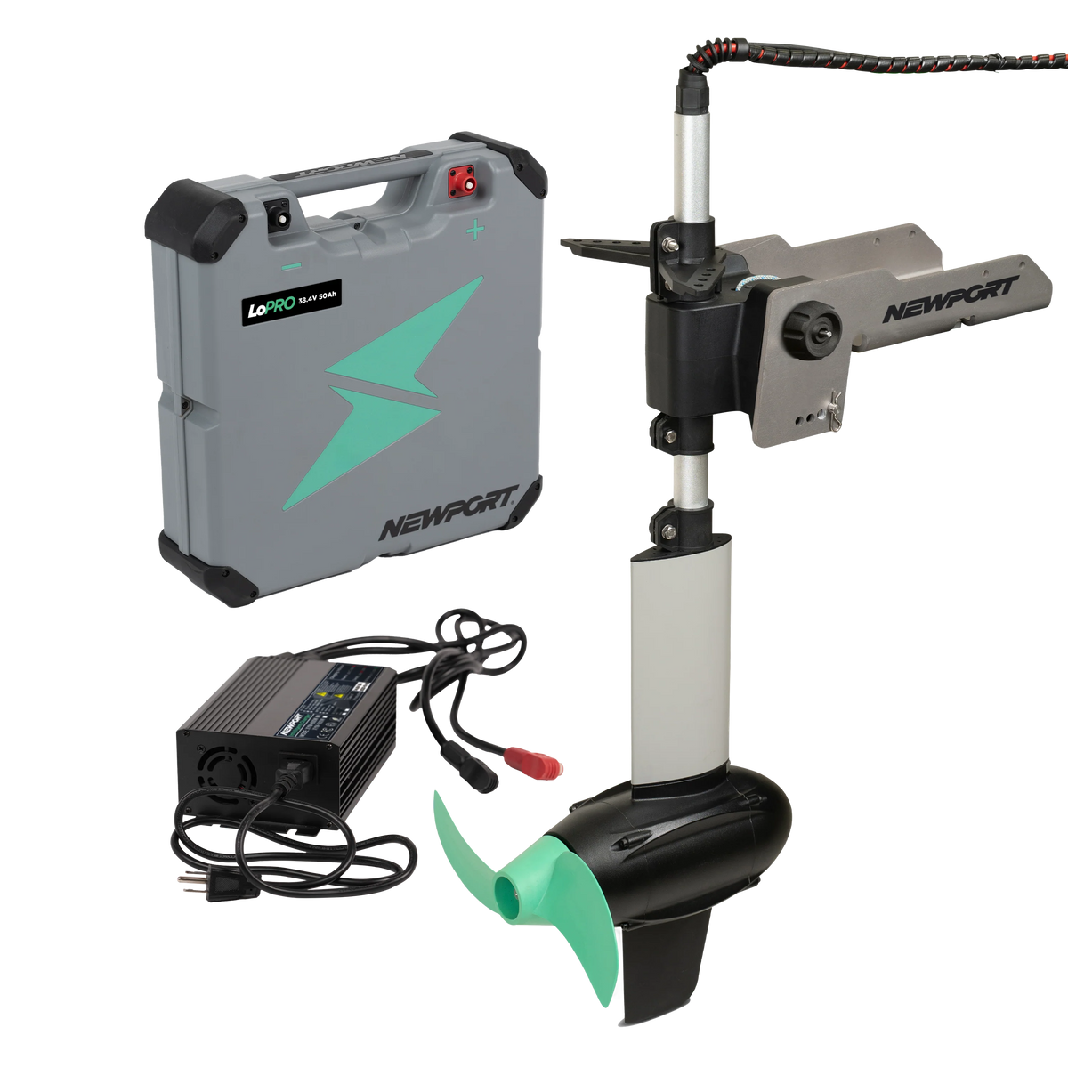 Newport NK300 3HP electric kayak motor with gray battery, black charger, and mint green propeller.