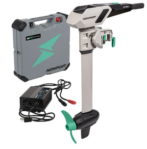Newport NT300 3HP electric outboard motor with gray battery, charger, and green propeller.