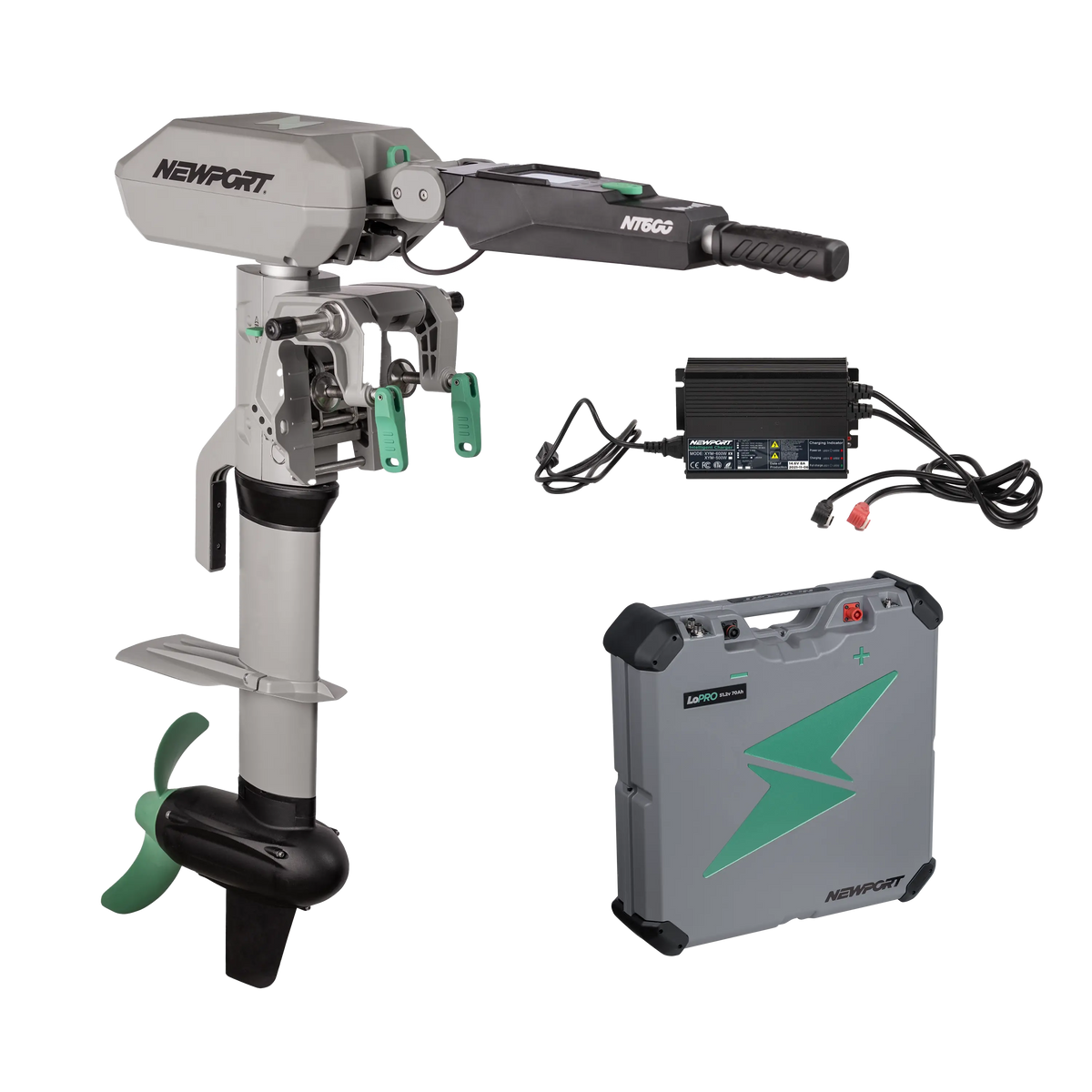 Newport NT600 6hp electric outboard motor, gray and black with green accents, charger, and battery.