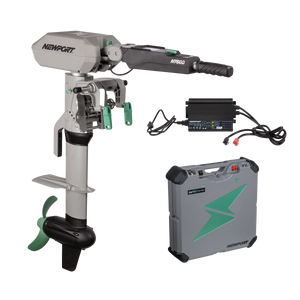 Newport NT600 6hp electric outboard motor, gray and black with green accents, charger, and battery.