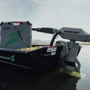Newport NT600 6hp electric outboard motor mounted on a black jon boat with a gray LoPro battery.