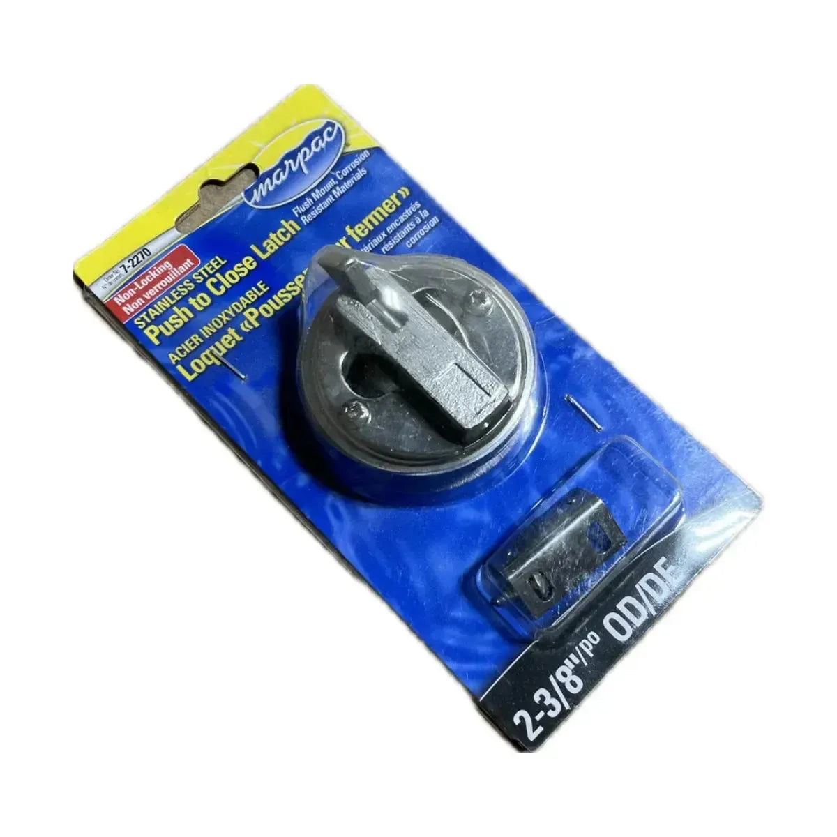 Marpac stainless steel 2-3/8" OD non-locking flush mount push-to-close slam latch in packaging.