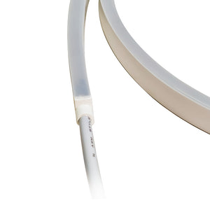 White ORBIT Neon Flex side-shooting LED strip light, horizontally bent, with attached power cable.