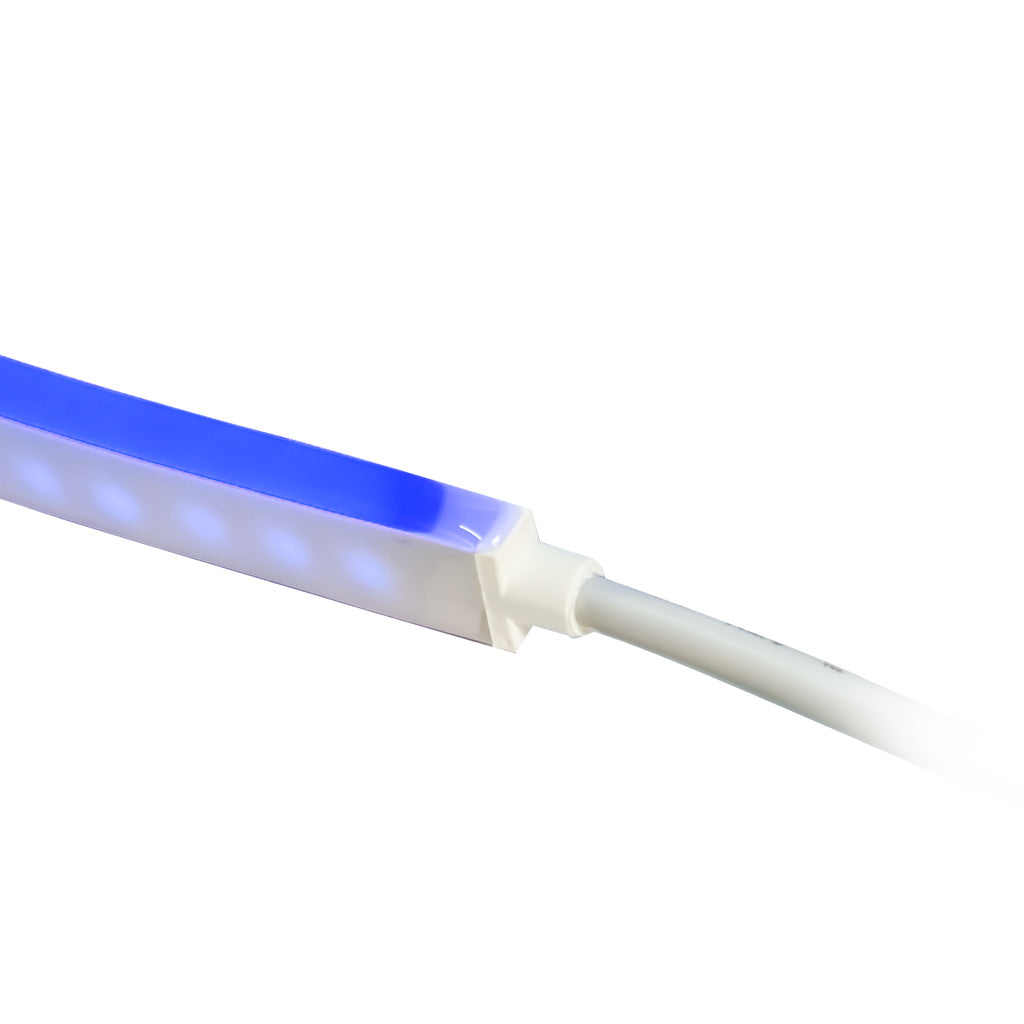 ORBIT Neon Flex side-shooting blue LED strip light with white polyurethane coating and power cable.