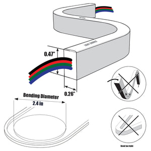 ORBIT Neon Flex side-shooting light strip with dimensions, bending diameter, and improper bending examples.
