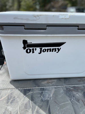 Black "Ol' Jonny" 10" vinyl boat decal on a white cooler.