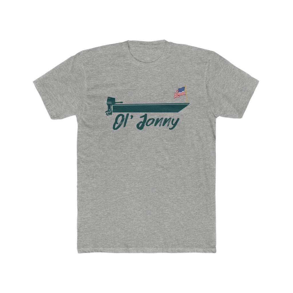 Gray premium fit t-shirt with a dark green boat graphic, "Ol' Jonny" text, and an American flag.