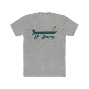 Gray premium fit t-shirt with a dark green boat graphic, "Ol' Jonny" text, and an American flag.