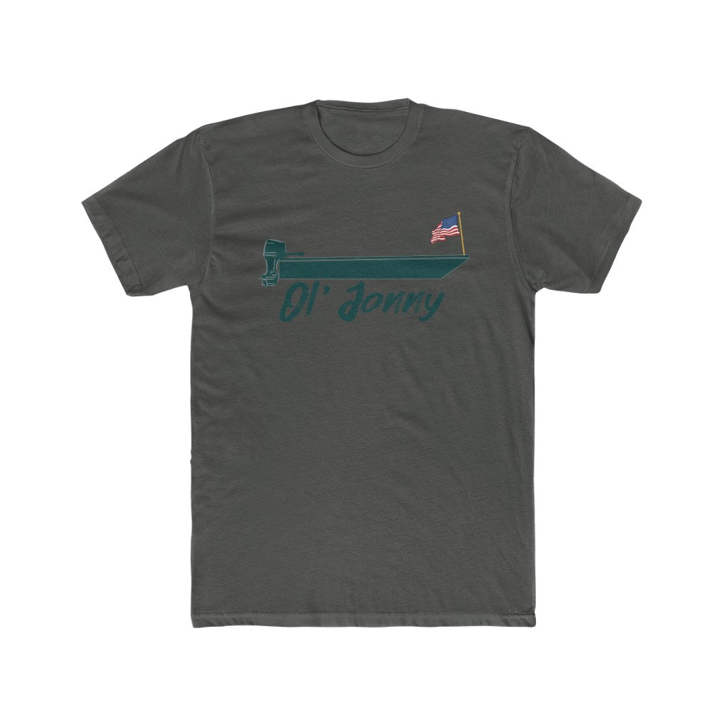 Charcoal gray "Ol' Jonny American Hero" premium fit t-shirt with a teal boat and US flag graphic.