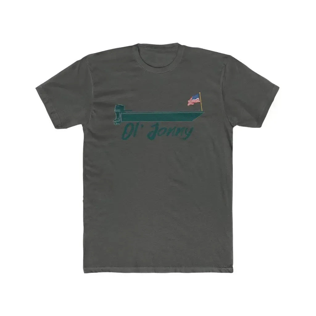 Charcoal gray "Ol' Jonny American Hero" premium fit t-shirt with a teal boat and US flag graphic.
