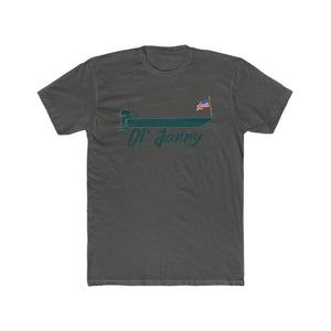 Charcoal gray "Ol' Jonny American Hero" premium fit t-shirt with a teal boat and US flag graphic.