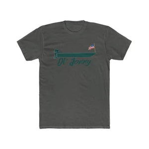 Charcoal gray "Ol' Jonny American Hero" premium fit t-shirt with a teal boat and US flag graphic.