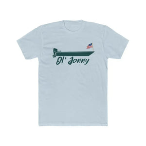 Light blue premium fit Ol' Jonny American hero t-shirt with a dark green boat and US flag graphic.