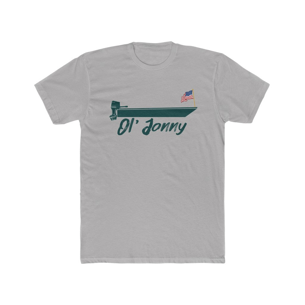 Light gray premium fit t-shirt with a green boat graphic, "Ol' Jonny" text, and an American flag.