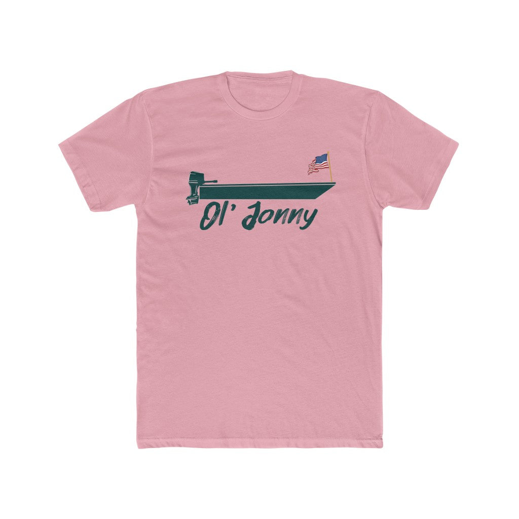 Pink premium fit t-shirt with "Ol' Jonny" and a boat with an American flag design.