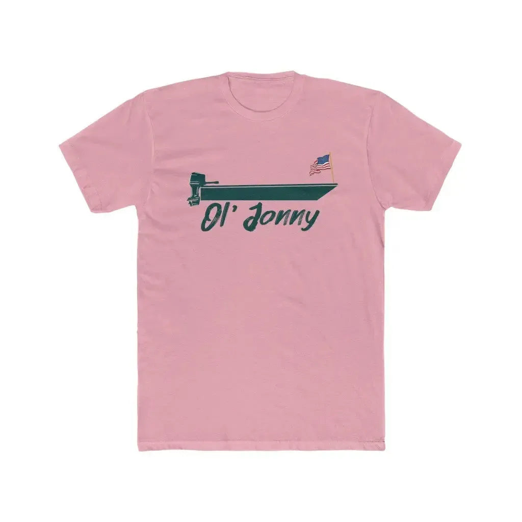 Pink premium fit t-shirt with "Ol' Jonny" and a boat with an American flag design.
