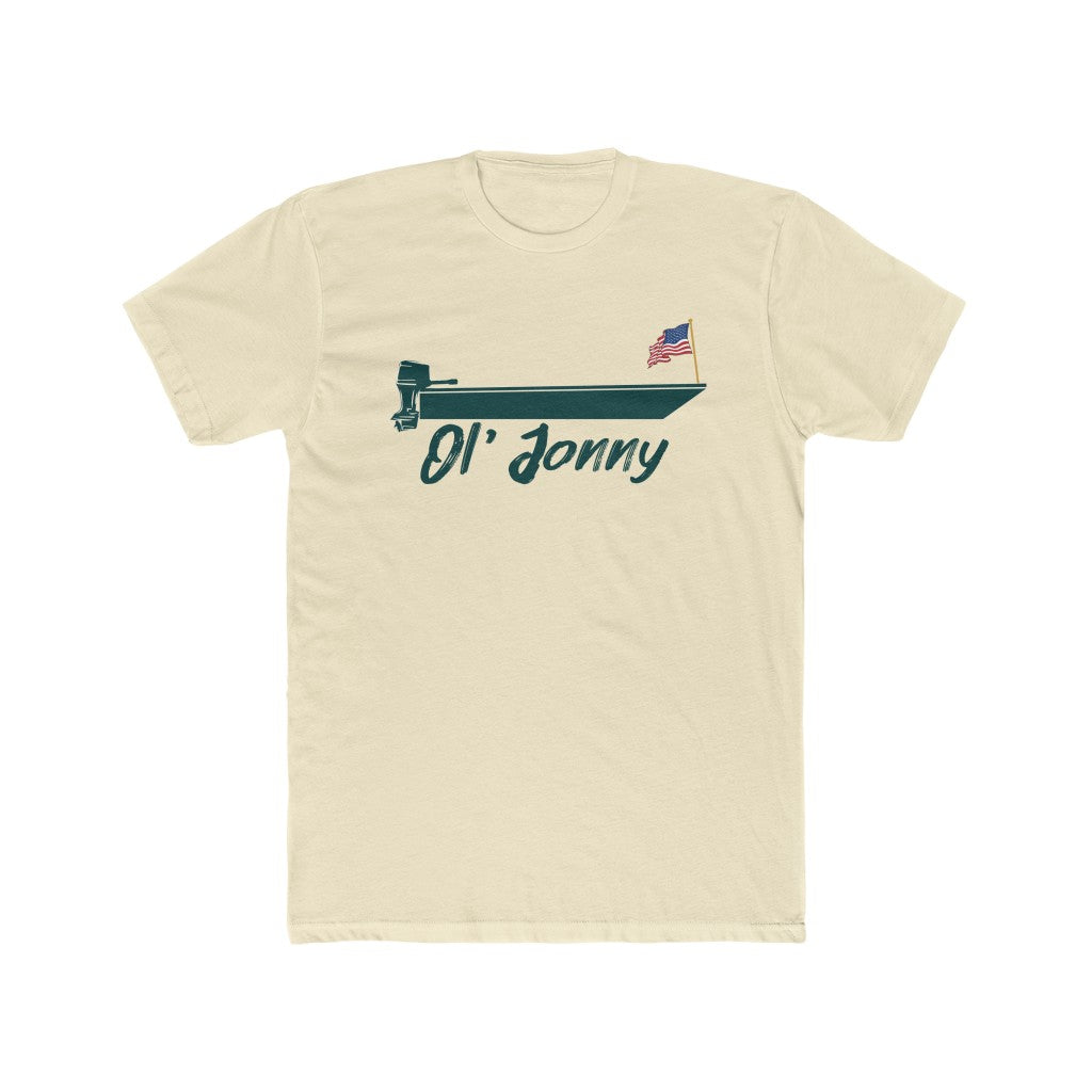 Light beige premium fit cotton t-shirt with a dark green boat and American flag graphic, "Ol' Jonny" text.
