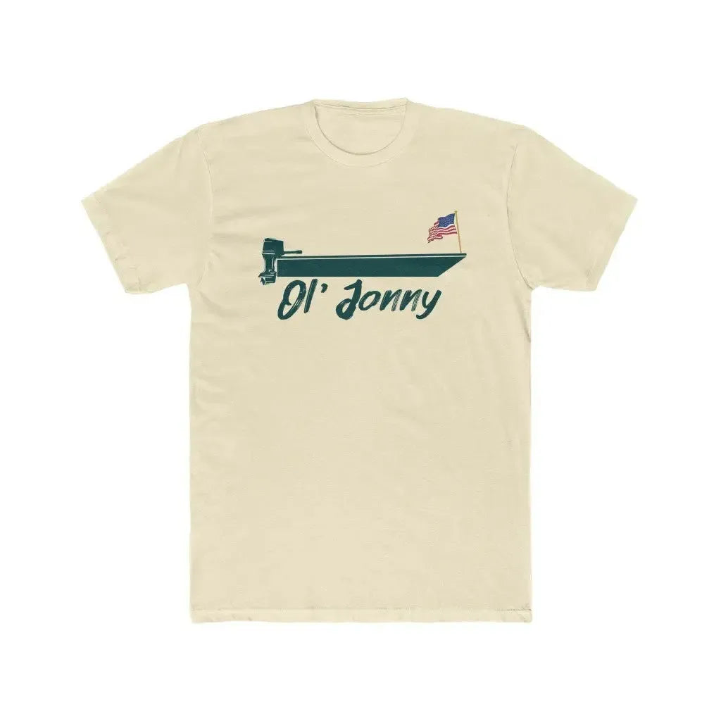 Light beige premium fit cotton t-shirt with a dark green boat and American flag graphic, "Ol' Jonny" text.