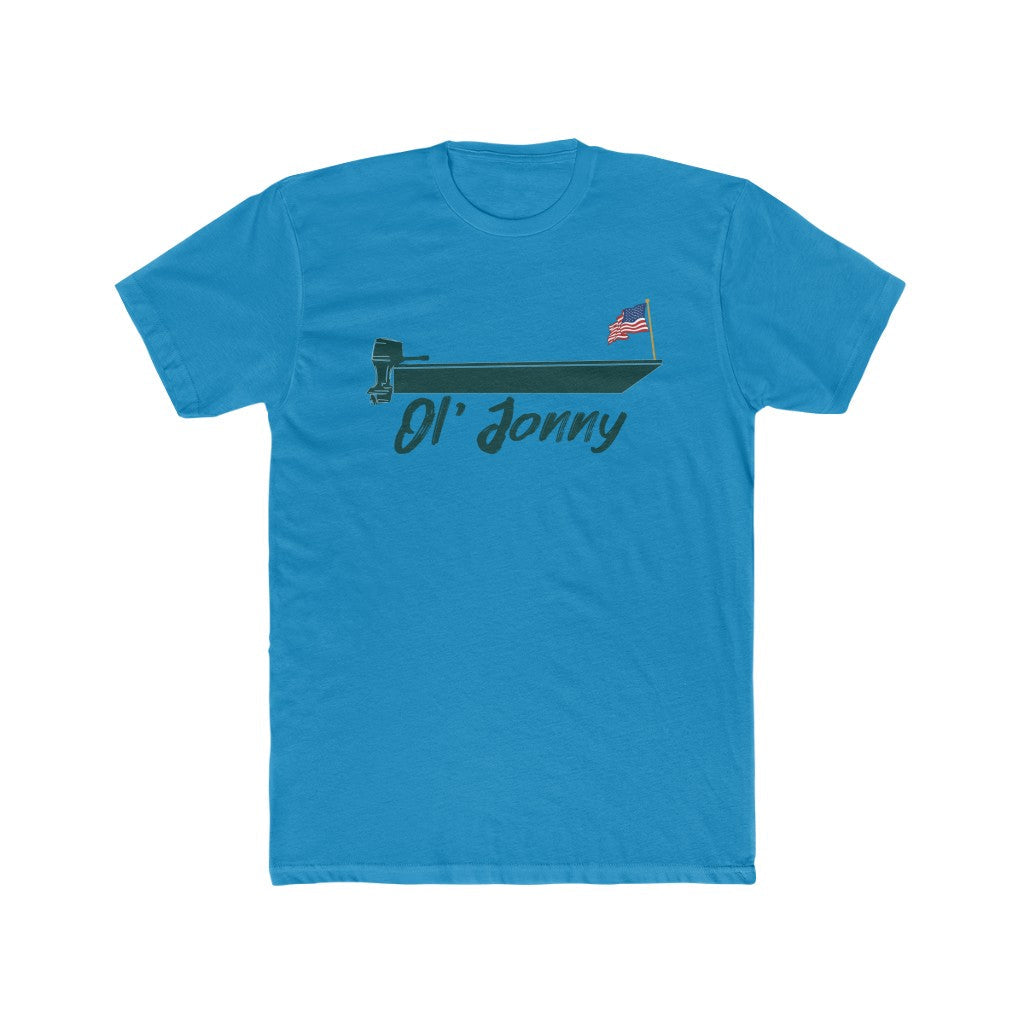 Blue premium fit soft cotton t-shirt with "Ol' Jonny" boat design and American flag.