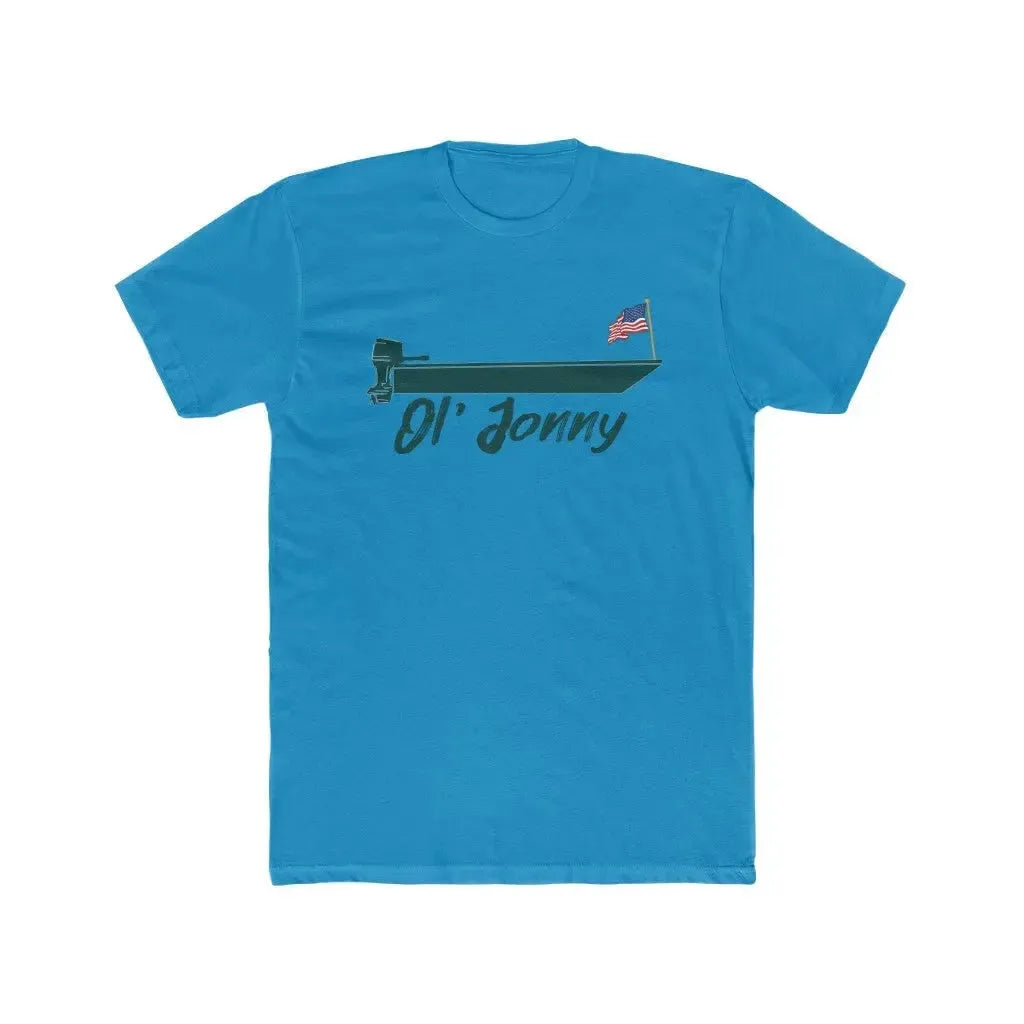 Blue premium fit soft cotton t-shirt with "Ol' Jonny" boat design and American flag.