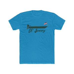 Blue premium fit soft cotton t-shirt with "Ol' Jonny" boat design and American flag.